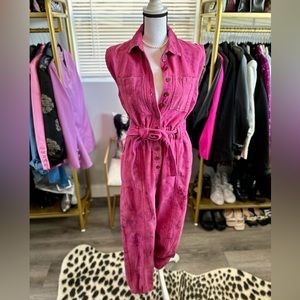 Hot Pink Denim Sleeveless Jumpsuit Urban Outfitters with Tie Belt Jogger Bottom